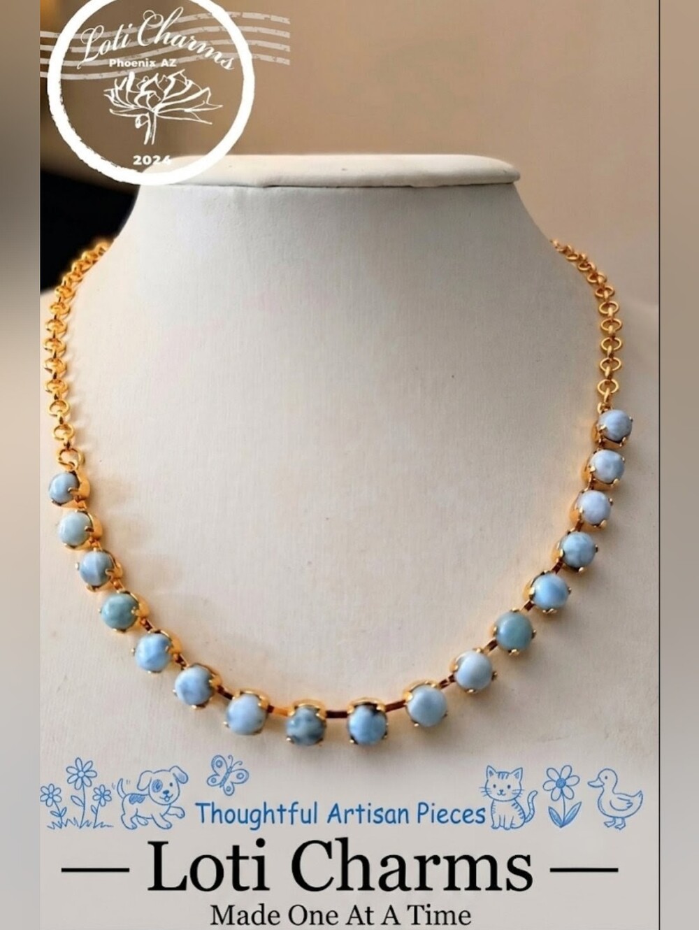 Natural Divine Dominican Blue LARIMAR In 18K Gold Plated Classic Necklace